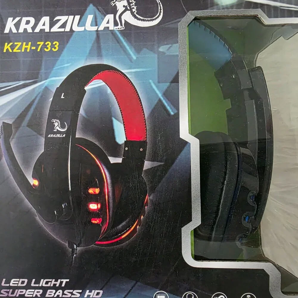 NIB Krazilla KZH-733 LED Super Bass Wired Gaming Headphones, Black/Red